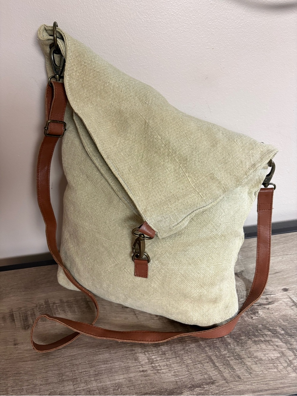 VINTAGE ADDICTION Beige CANVAS Brown LEATHER Crossbody BAG Fold-over PURSE